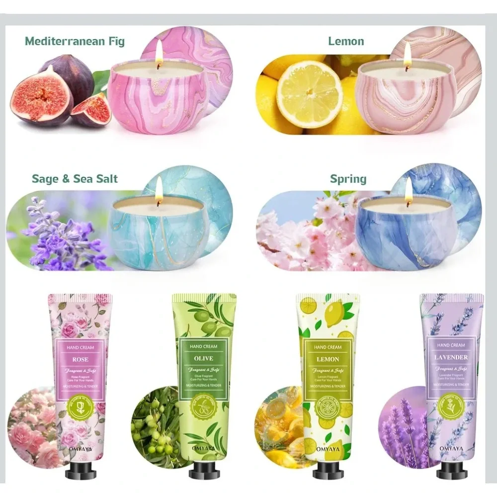 OMYAYA Scented Candles and Hand Cream Gift‎ Set Women 8pc Multicolor Soy Spa Kit